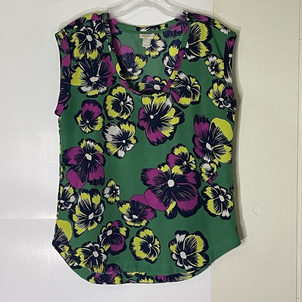 J.Crew Factory Floral Pansy‎ Sleeveless Top Womens 6 Green Scoop Neck EUC